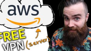 Imagen miniatura que muestra a la izquierda una nube con el logo de aws y el texto llamativo "FREE VPN (server)" con una flecha apuntando a la nube y a la derecha un hombre barbudo con camisa floral mirando a cámara, acompañada de la pregunta Ventajas y desventajas de un proxy: ¿vale la pena usarlo?