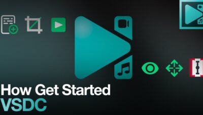 Imagen tipo banner sobre fondo oscuro con un gran logotipo triangular turquesa que evoca un botón de reproducir, iconos verdes de cámara, nota musical, recorte, reproducción, ojo y herramientas alrededor y el texto en inglés "How Get Started VSDC", que sugiere un tutorial de inicio rápido; VSDC Free Video Editor ventajas y desventajas: ¿vale la pena?
