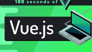 Banner verde con el texto Vue.js en letras blancas sobre un rectángulo oscuro y una ilustración de un portátil a la derecha, optimizado para accesibilidad y SEO como introducción visual a un artículo titulado 'Ventajas y desventajas de Vue js: ¿es el framework ideal para ti?