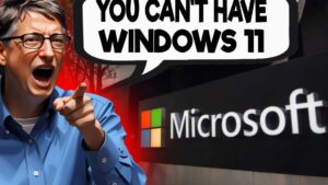 Miniatura vibrante que muestra a un hombre señalando y gritando hacia la cámara con un bocadillo en inglés que dice "YOU CAN'T HAVE WINDOWS 11", el logotipo de Microsoft en un letrero y un fondo rojo dramático, diseñada para atraer clics y optimizada para búsquedas sobre Windows 10 Home Single Language ventajas y desventajas esenciales.