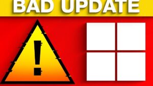 Imagen gráfica con fondo rojo que muestra un gran triángulo de advertencia amarillo con signo de exclamación negro a la izquierda, cuadrados blancos que forman el logotipo de Windows a la derecha y un encabezado amarillo en la parte superior que dice BAD UPDATE, ilustrando 'Ventajas y desventajas de Windows Update: ¿vale la pena actualizar?