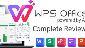 Imagen que muestra el logotipo de WPS Office junto a capturas de pantalla en portátil y móvil con hojas de cálculo, gráficos y tablas, iconos de sus aplicaciones de documentos, hojas y presentaciones y el texto "Complete Review", Ventajas y desventajas de WPS Office: ¿es la mejor opción?