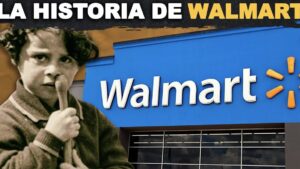 Imagen tipo miniatura que muestra la fachada con el rótulo azul y letras blancas de Walmart y su símbolo naranja a la derecha, acompañada a la izquierda por una fotografía en tonos sepia de un niño con el dedo en los labios y el encabezado superior "LA HISTORIA DE WALMART", diseñada para atraer clics y comunicar un análisis de marca y contenido sobre Ventajas y desventajas de YouTube para empresas: ¿te conviene?.