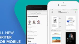 Imagen que muestra la interfaz móvil de Zoho Writer en dos teléfonos sobre un fondo azul verdoso con la vista "All Documents", miniaturas de archivos y propiedades de documento con avatares de colaboradores, ideal para ilustrar Ventajas y desventajas de Zoho Writer: ¿es la mejor opción? y optimizada para SEO con palabras clave como editor de texto móvil, colaboración y vista previa de documentos